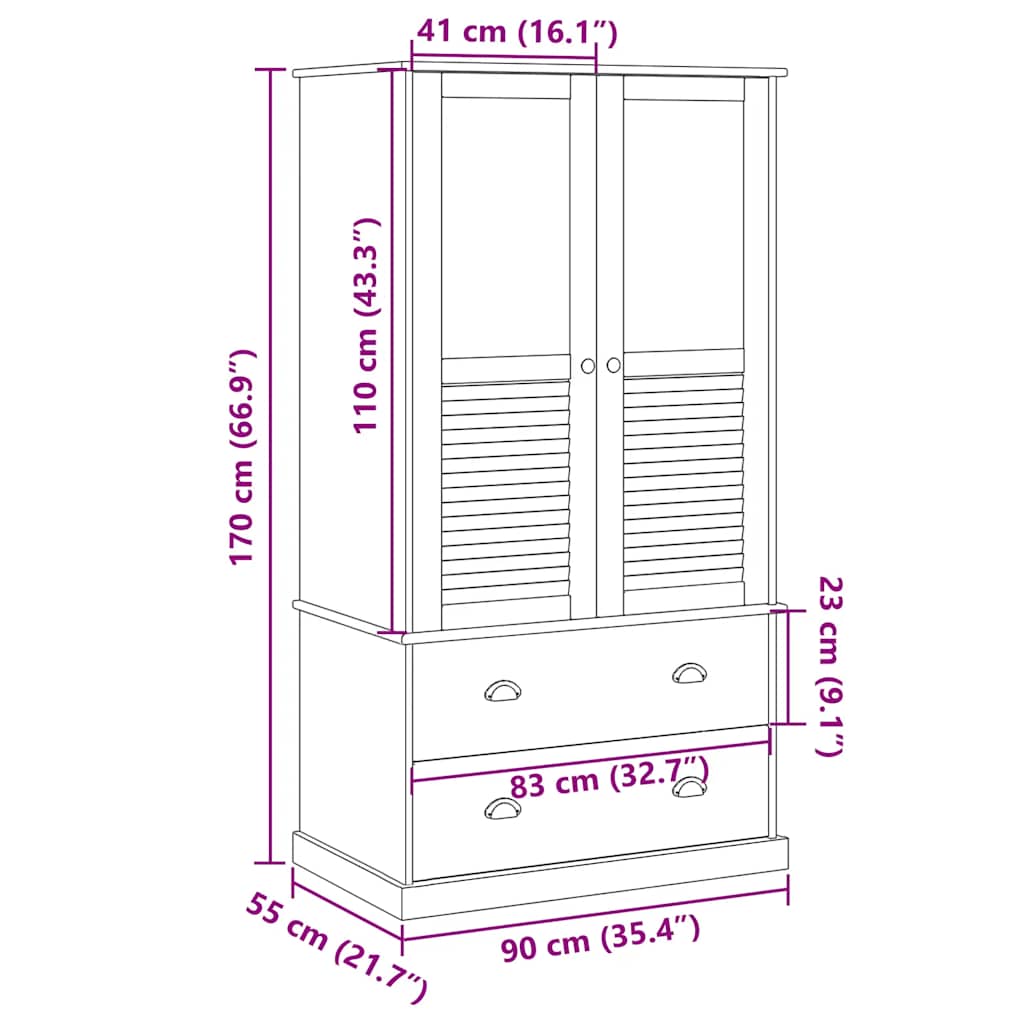 Garderobe VIGO hvit 90x55x170 cm heltre furu