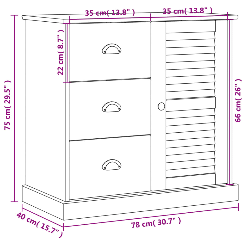 Skjenk med skuffer VIGO 78x40x75 cm heltre furu vidaXL