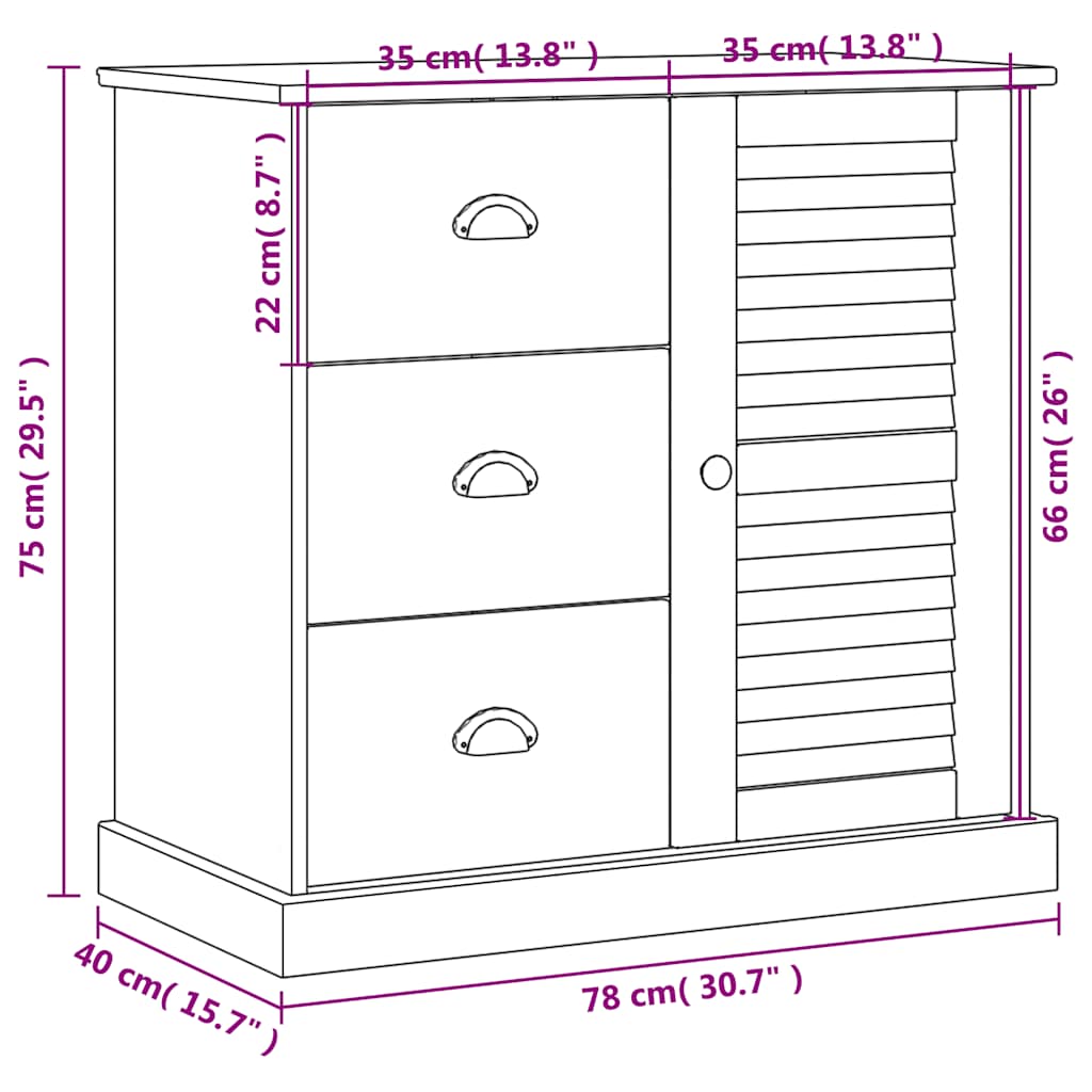 Skjenk med skuffer VIGO 78x40x75 cm hvit heltre furu vidaXL