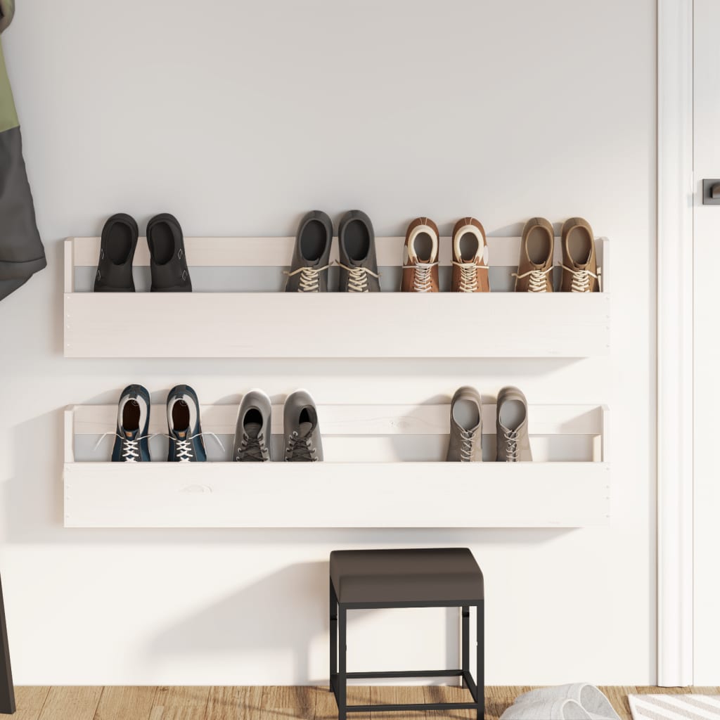 Veggmonterte skohyller 2 stk hvit 110 x 9 x 23 cm heltre furu