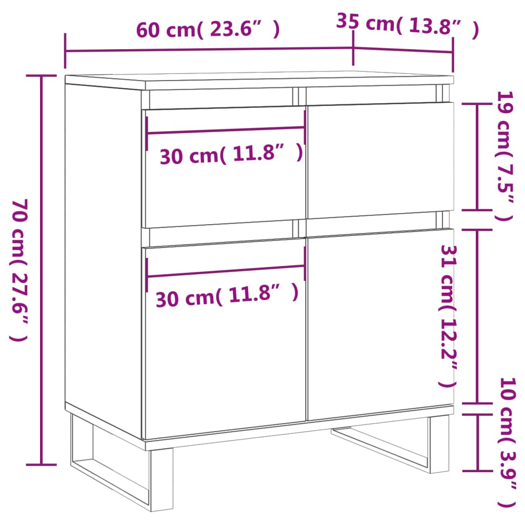Skjenk hvit 60x35x70 cm konstruert tre