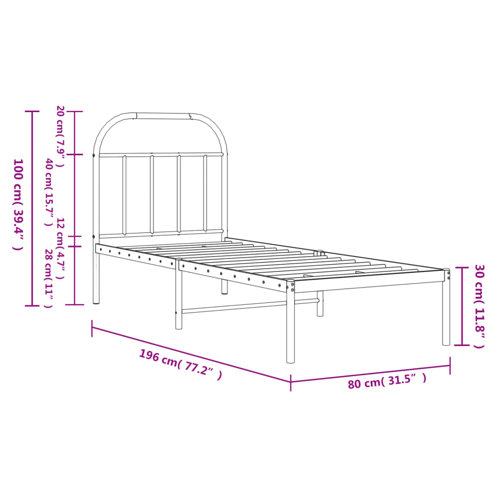 Sengeramme i metall uten madrass med hodegavl hvit 75x190 cm