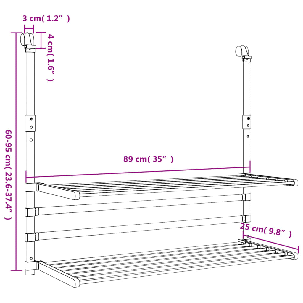 Tørkestativ for balkong 89x25x(60-95) cm aluminium