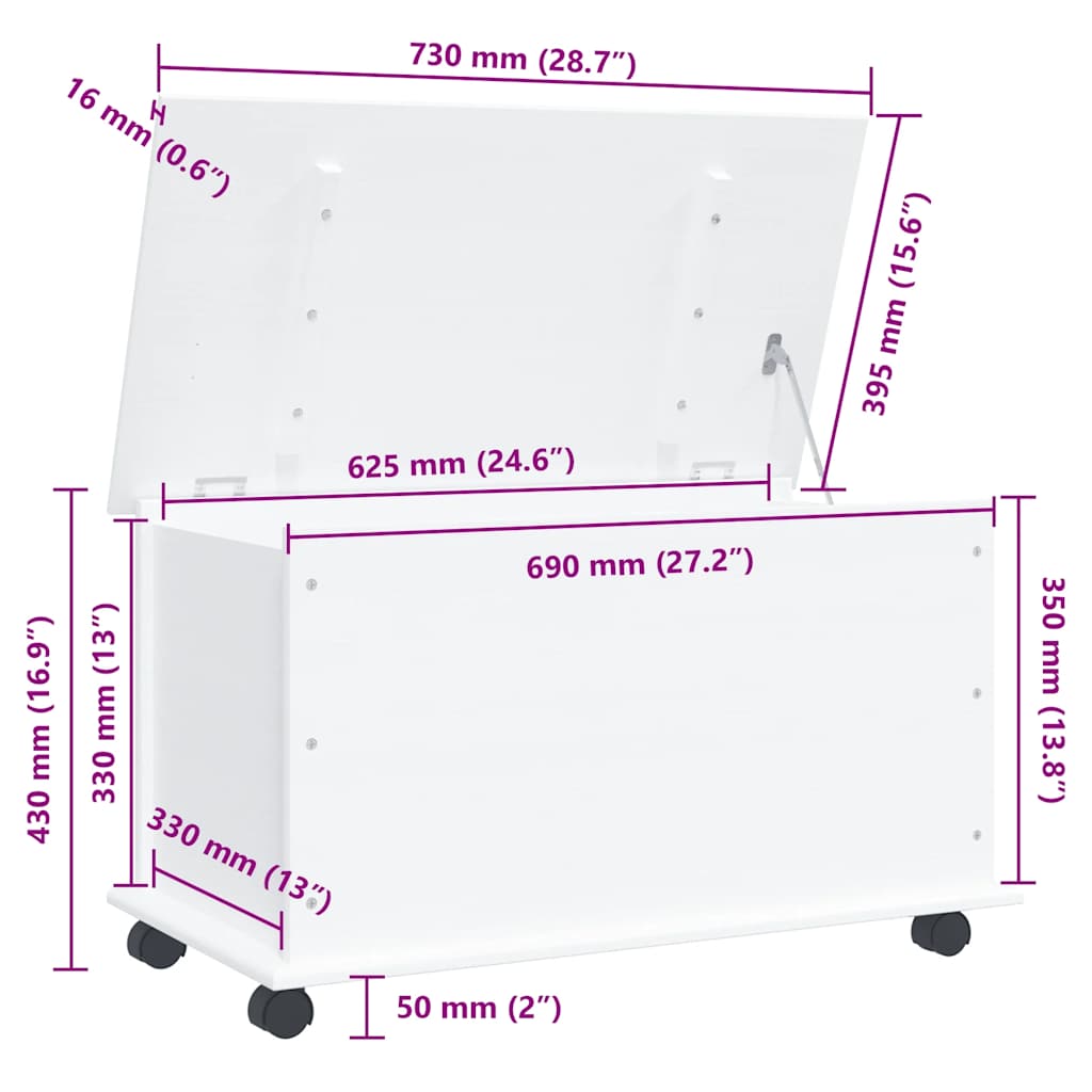 Oppbevaringskiste med hjul ALTA hvit 73x39,5x43 cm heltre furu