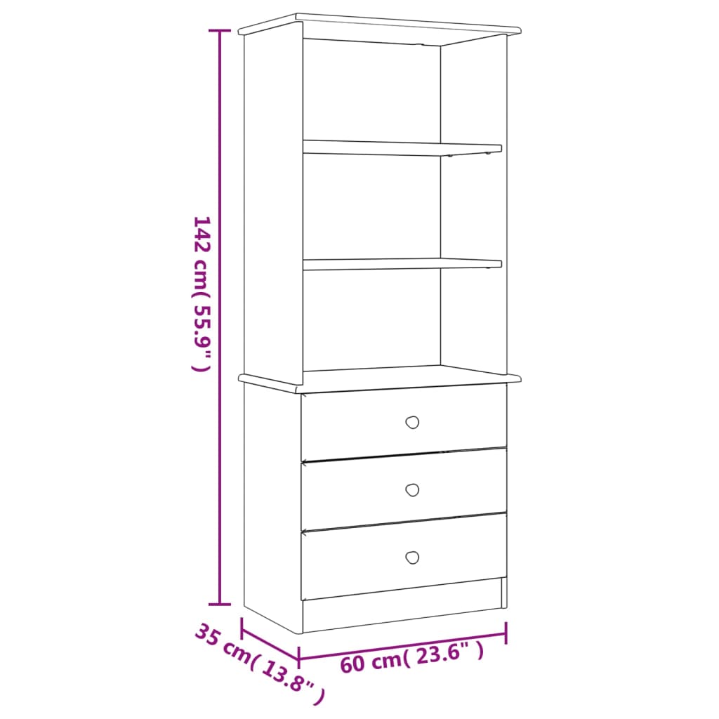 Bokhylle med skuffer ALTA 60x35x142 cm heltre furu
