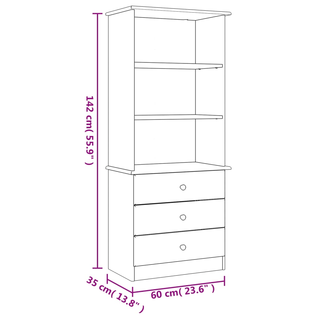 Bokhylle med skuffer ALTA hvit 60x35x142 cm heltre furu