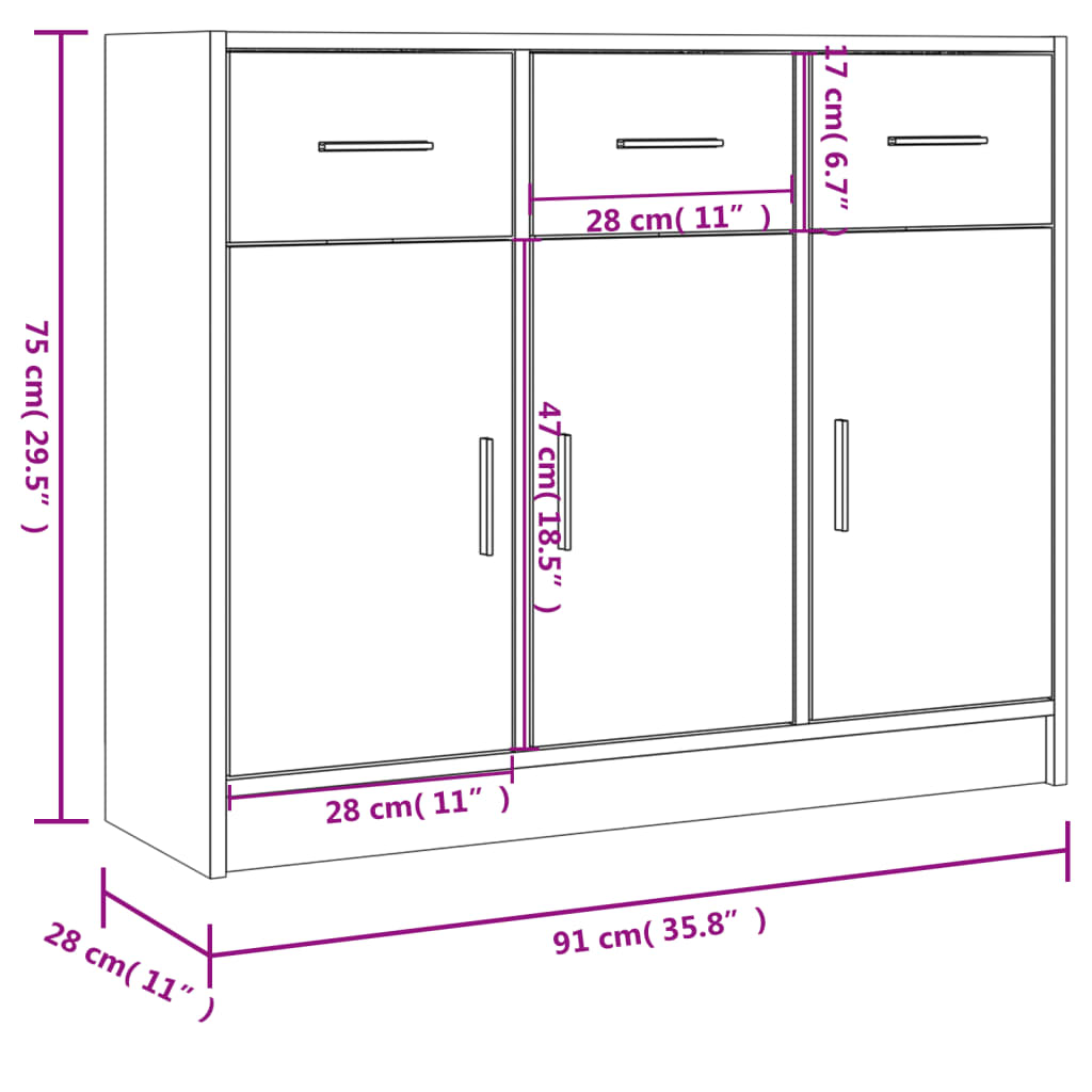 Skjenk hvit 91x28x75 cm konstruert tre