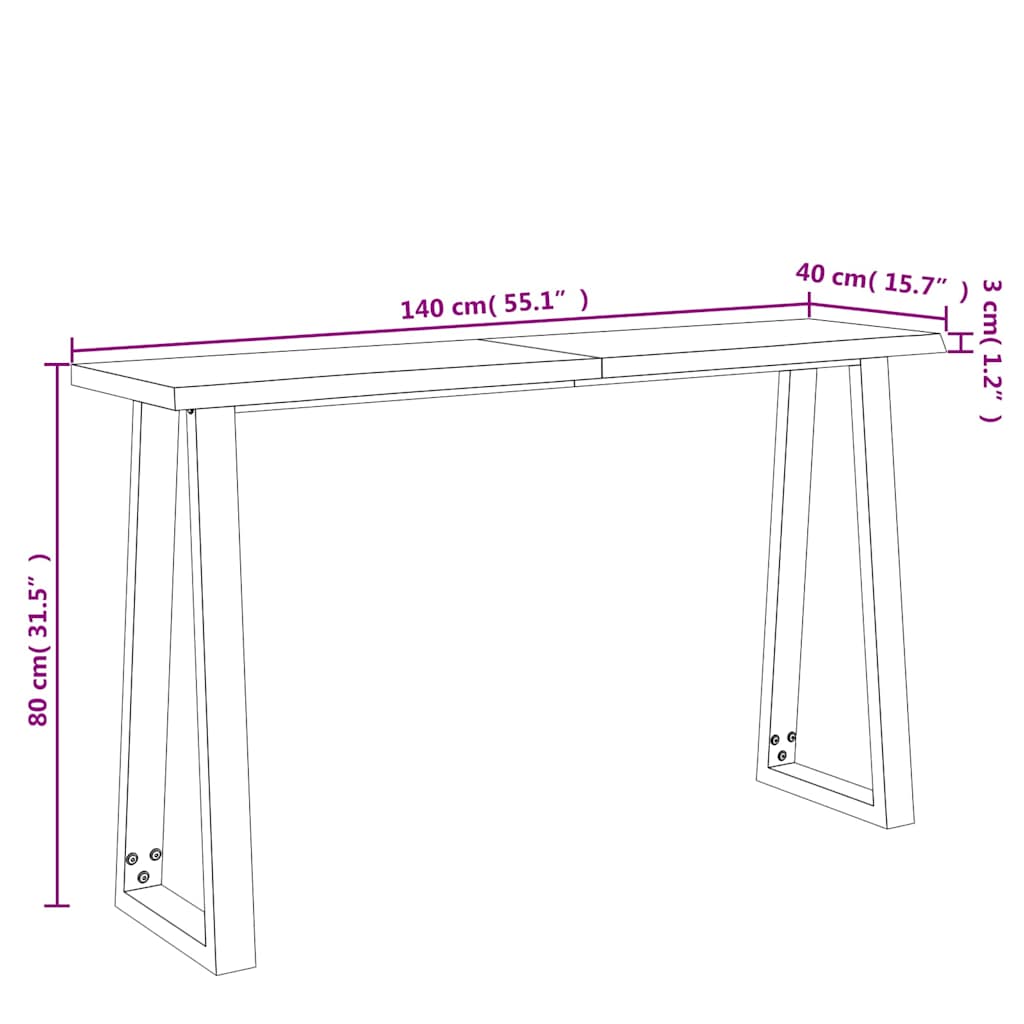 Konsollbord med naturlig kant 140x40x80 cm heltre akasie