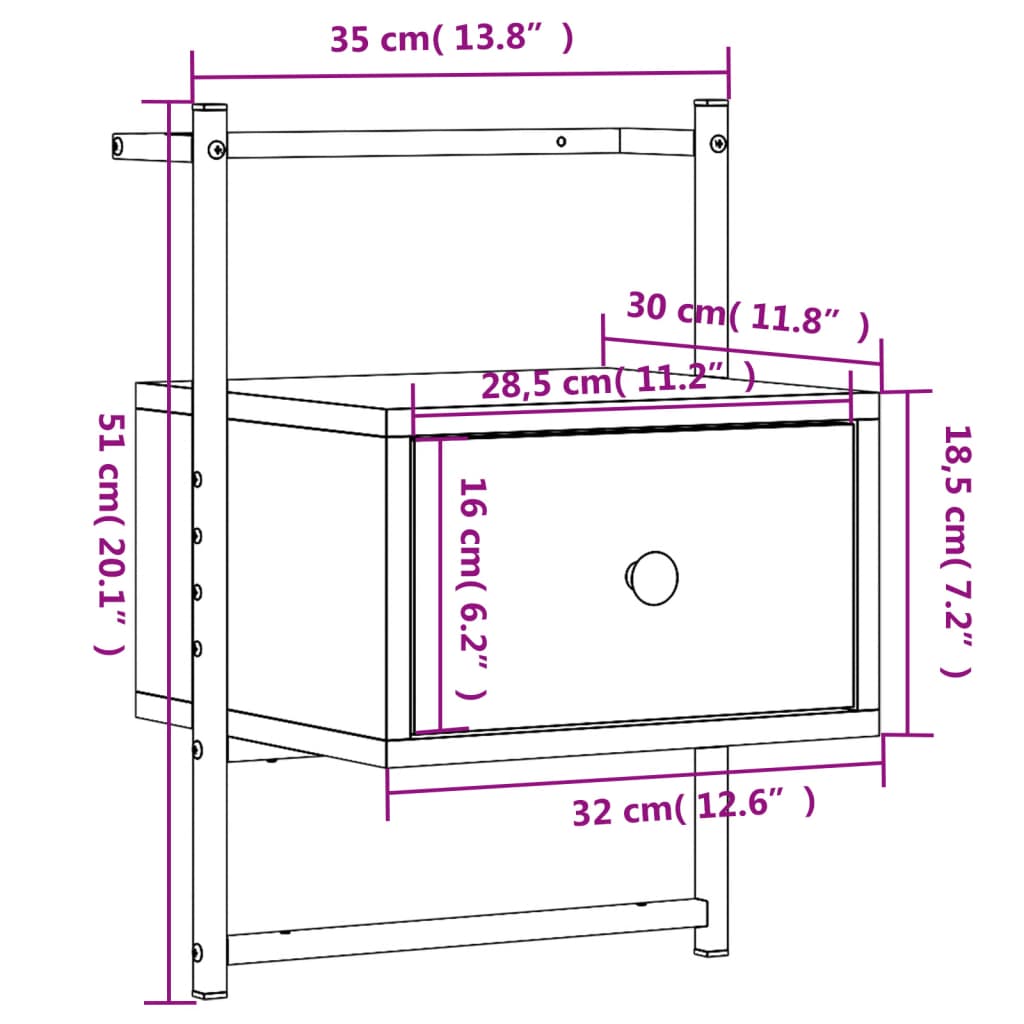 Nattbord veggmontert sonoma eik 35x30x51 cm konstruert tre