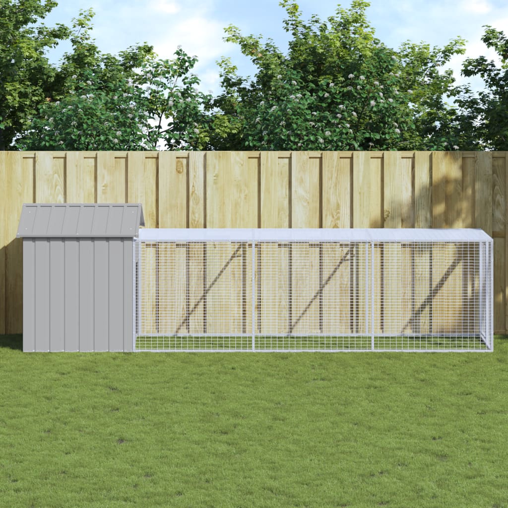 Hønsebur med gård lysegrå 117x405x123 cm galvanisert stål