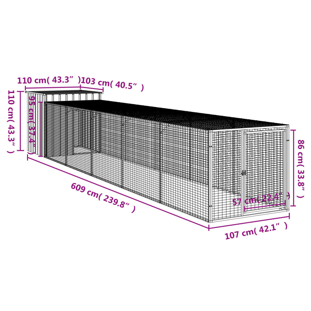 Hønsebur med gård antrasitt 110x609x110 cm galvanisert stål