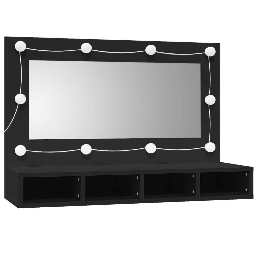 Speilskap med LED svart 90x31,5x62 cm