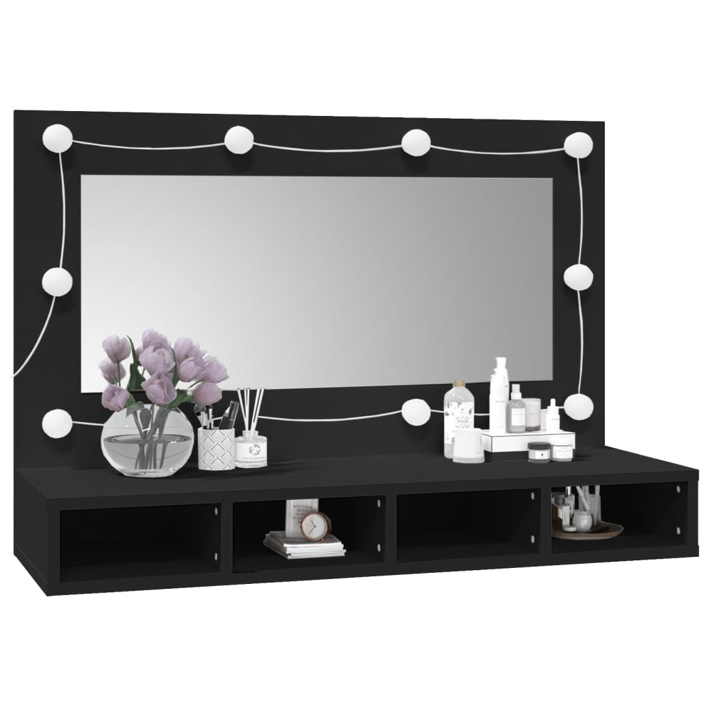 Speilskap med LED svart 90x31,5x62 cm