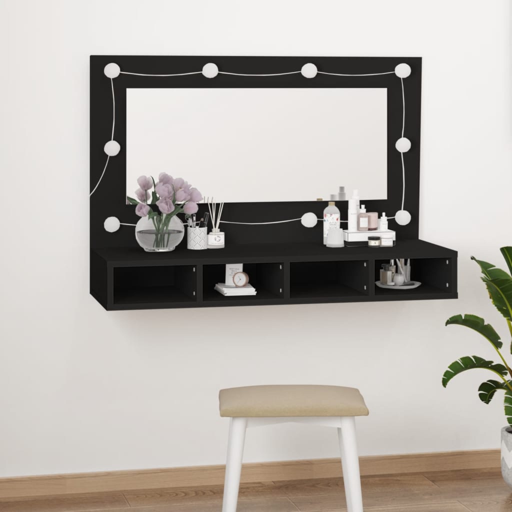 Speilskap med LED svart 90x31,5x62 cm