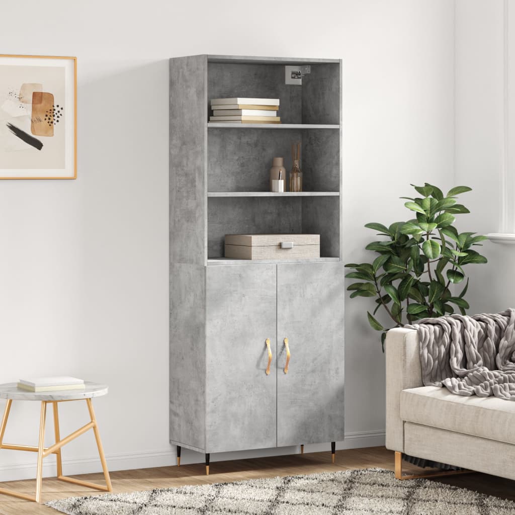 Highboard betonggrå 69,5x34x180 cm konstruert tre