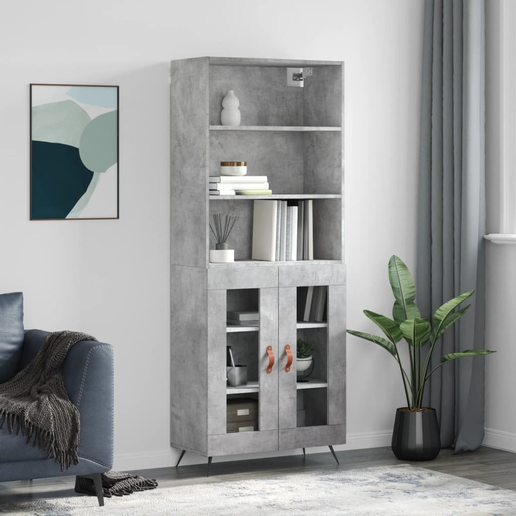 Highboard betonggrå 69,5x34x180 cm konstruert tre
