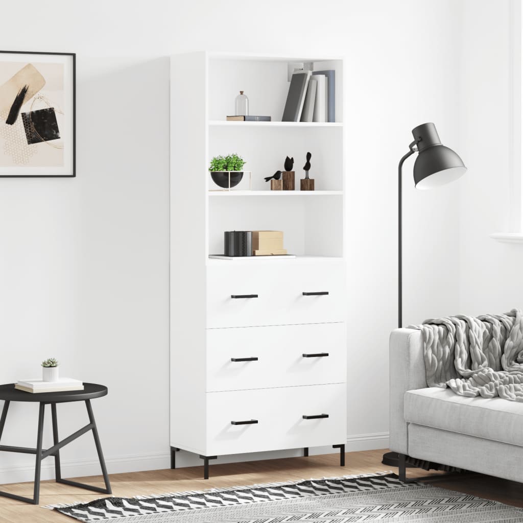 Highboard hvit 69,5x34x180 cm konstruert tre