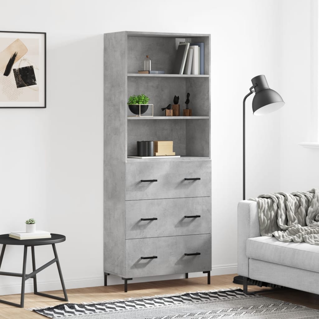 Highboard betonggrå 69,5x34x180 cm konstruert tre