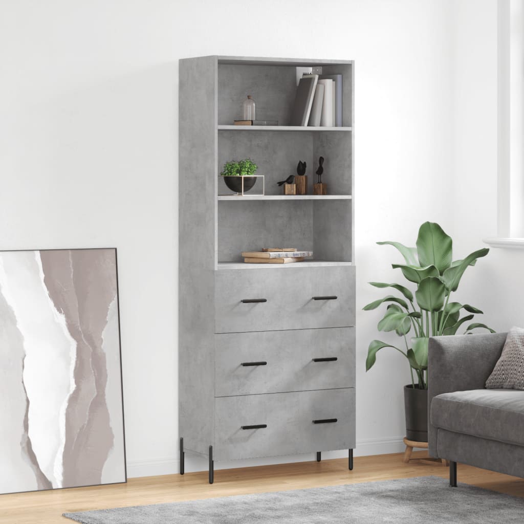 Highboard betonggrå 69,5x34x180 cm konstruert tre