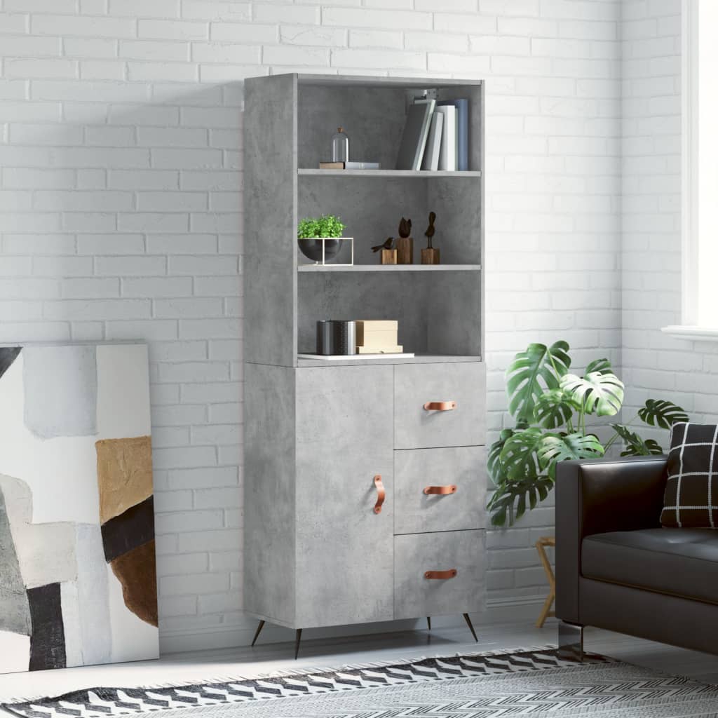 Highboard betonggrå 69,5x34x180 cm konstruert tre