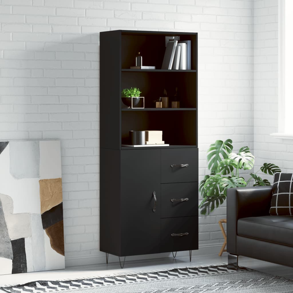 Highboard svart 69,5x34x180 cm konstruert tre