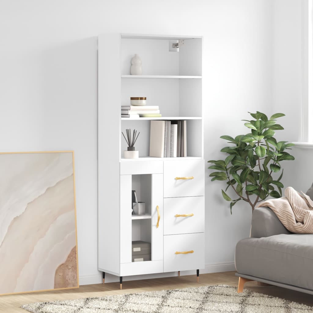 Highboard hvit 69,5x34x180 cm konstruert tre