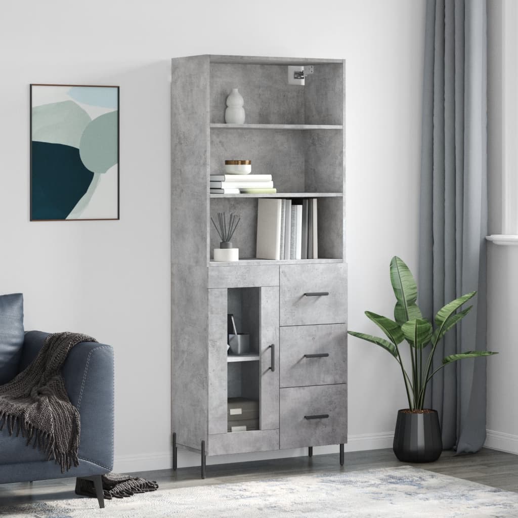 Highboard betonggrå 69,5x34x180 cm konstruert tre