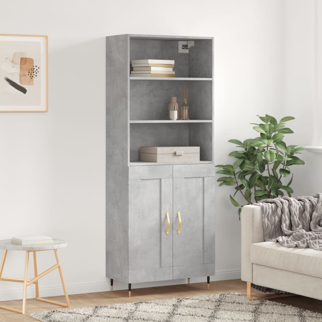 Highboard betonggrå 69,5x34x180 cm konstruert tre