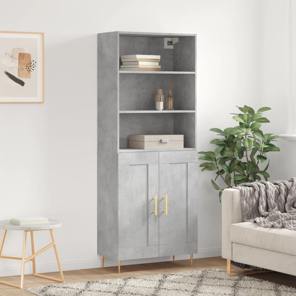 Highboard betonggrå 69,5x34x180 cm konstruert tre