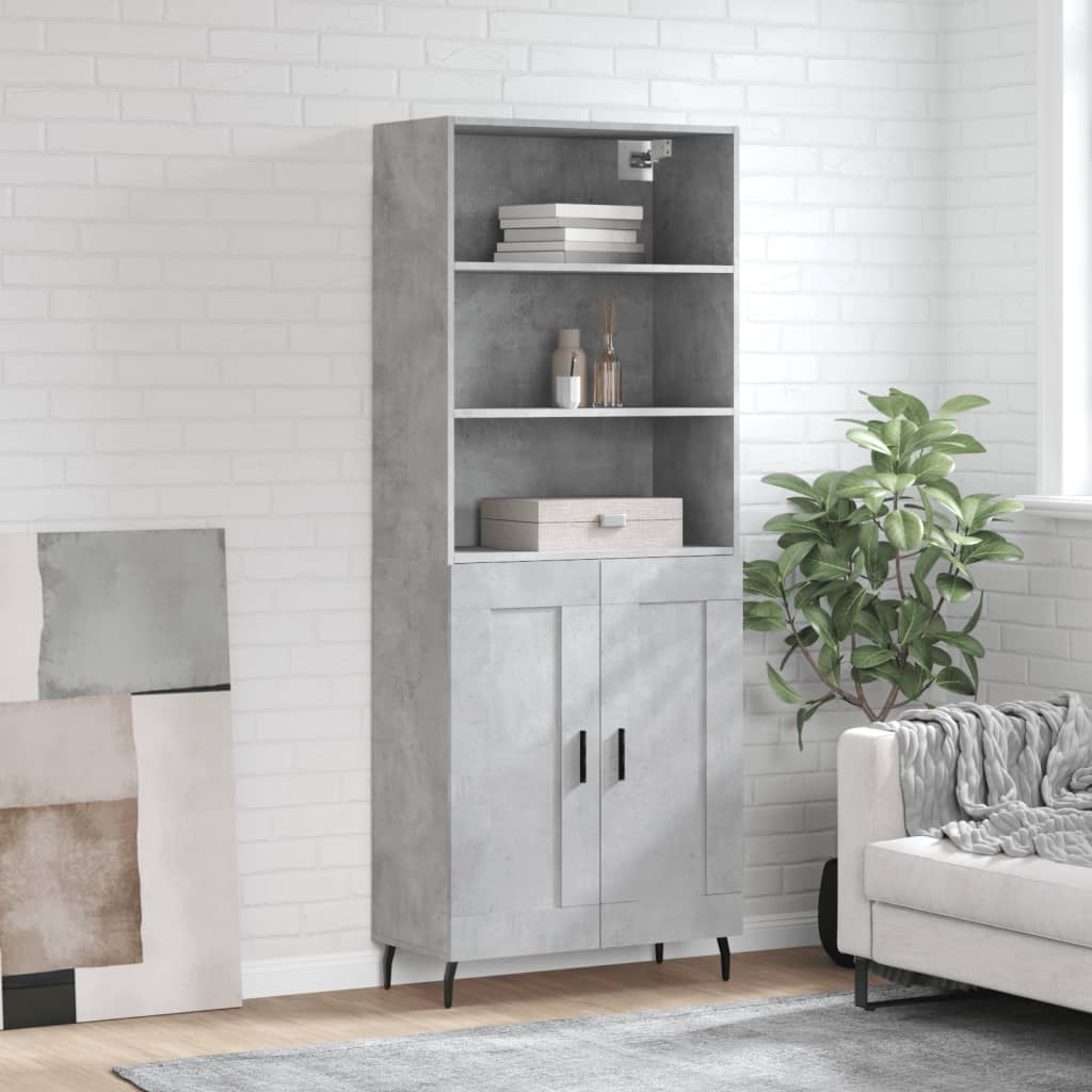 Highboard betonggrå 69,5x34x180 cm konstruert tre