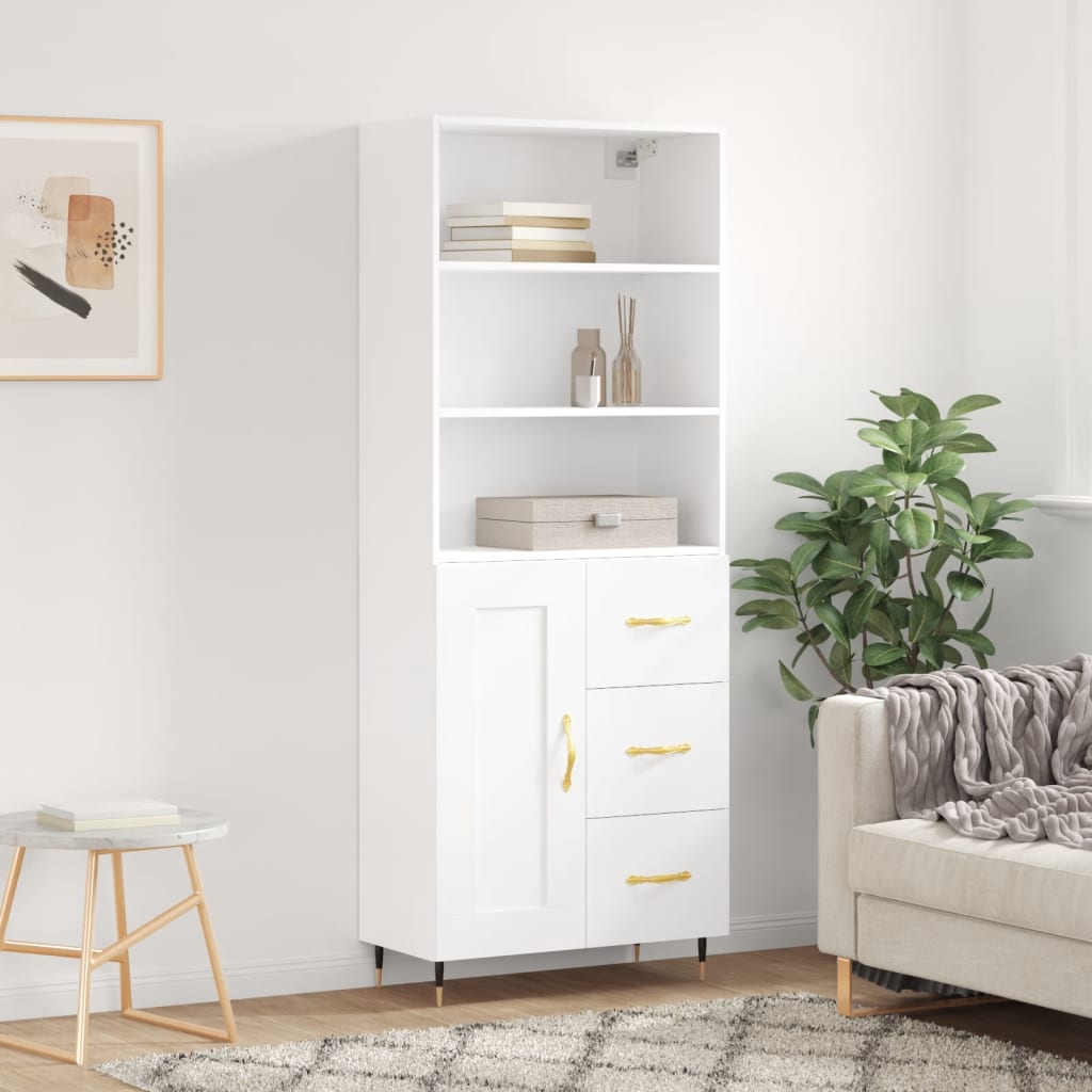 Highboard hvit 69,5x34x180 cm konstruert tre