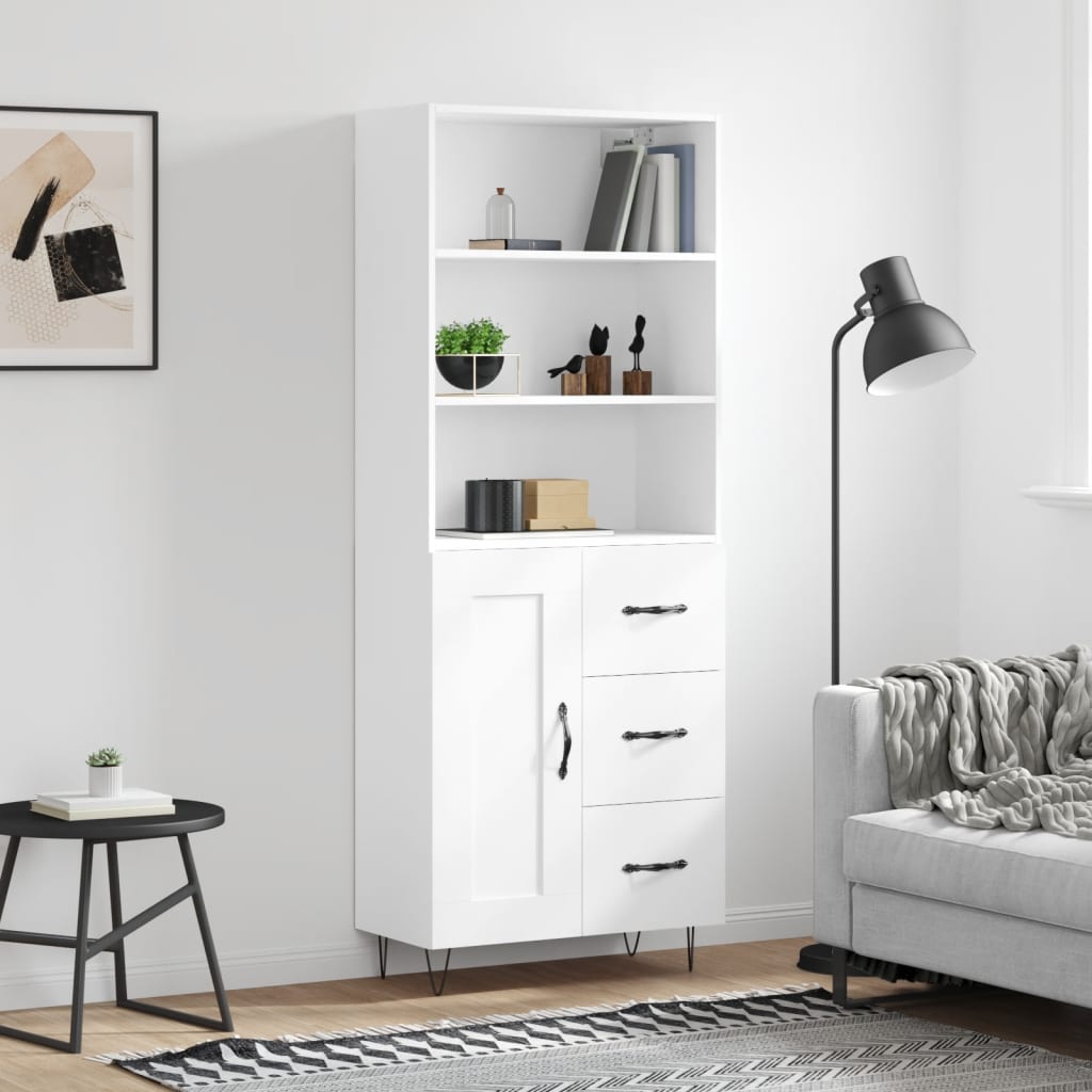 Highboard hvit 69,5x34x180 cm konstruert tre