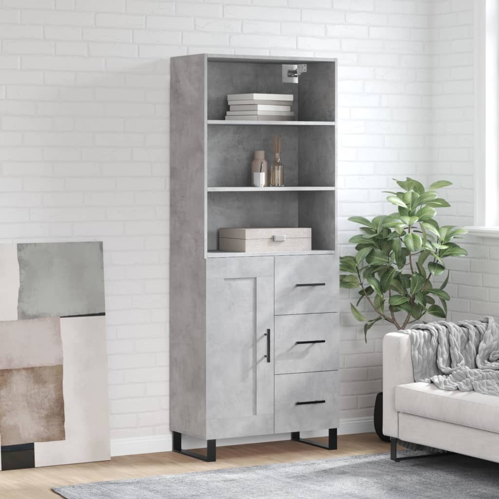 Highboard betonggrå 69,5x34x180 cm konstruert tre
