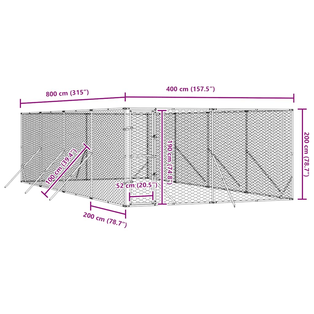Utendørs hundekennel sølv 4x8x2 m galvanisert stål