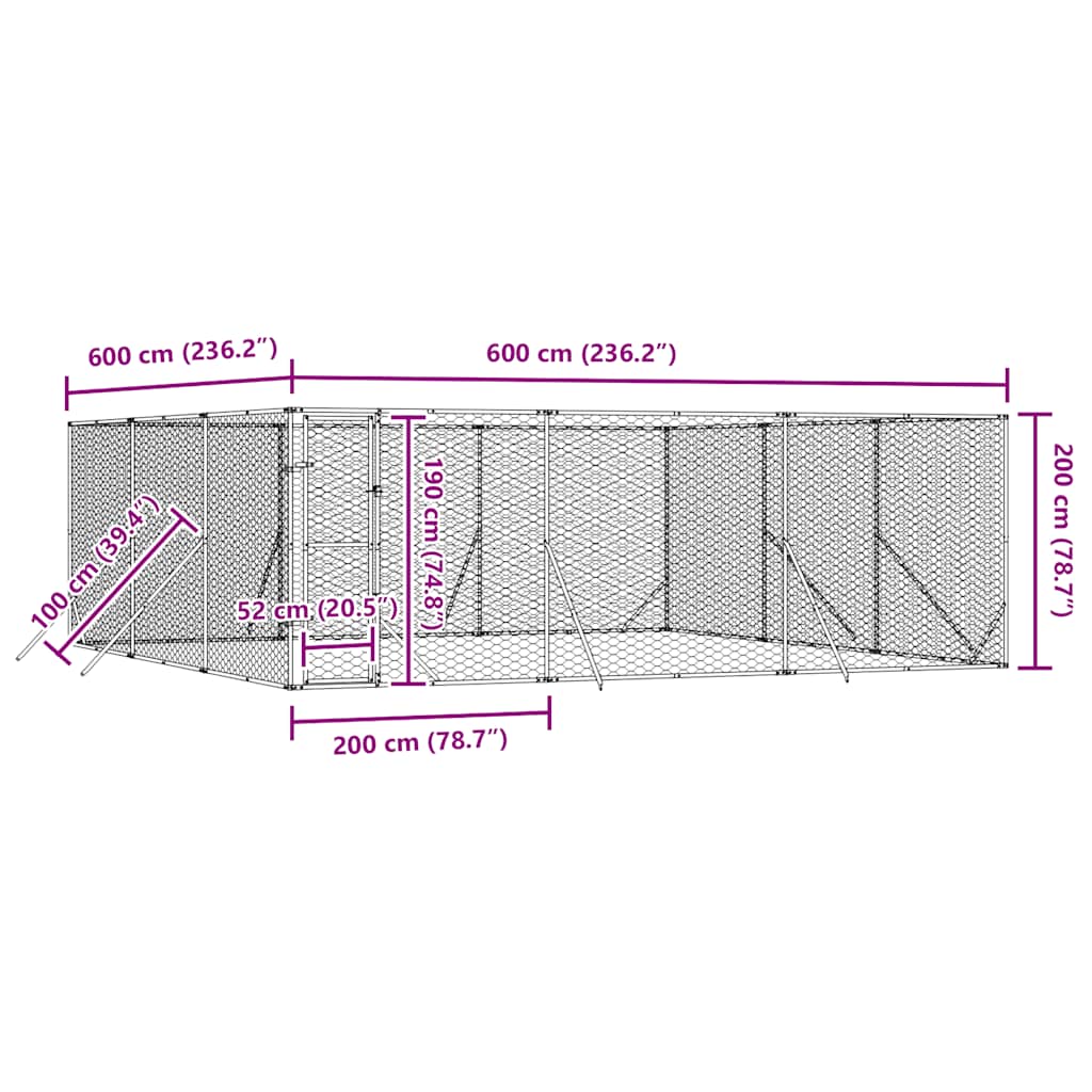 Utendørs hundekennel sølv 6x6x2 m galvanisert stål
