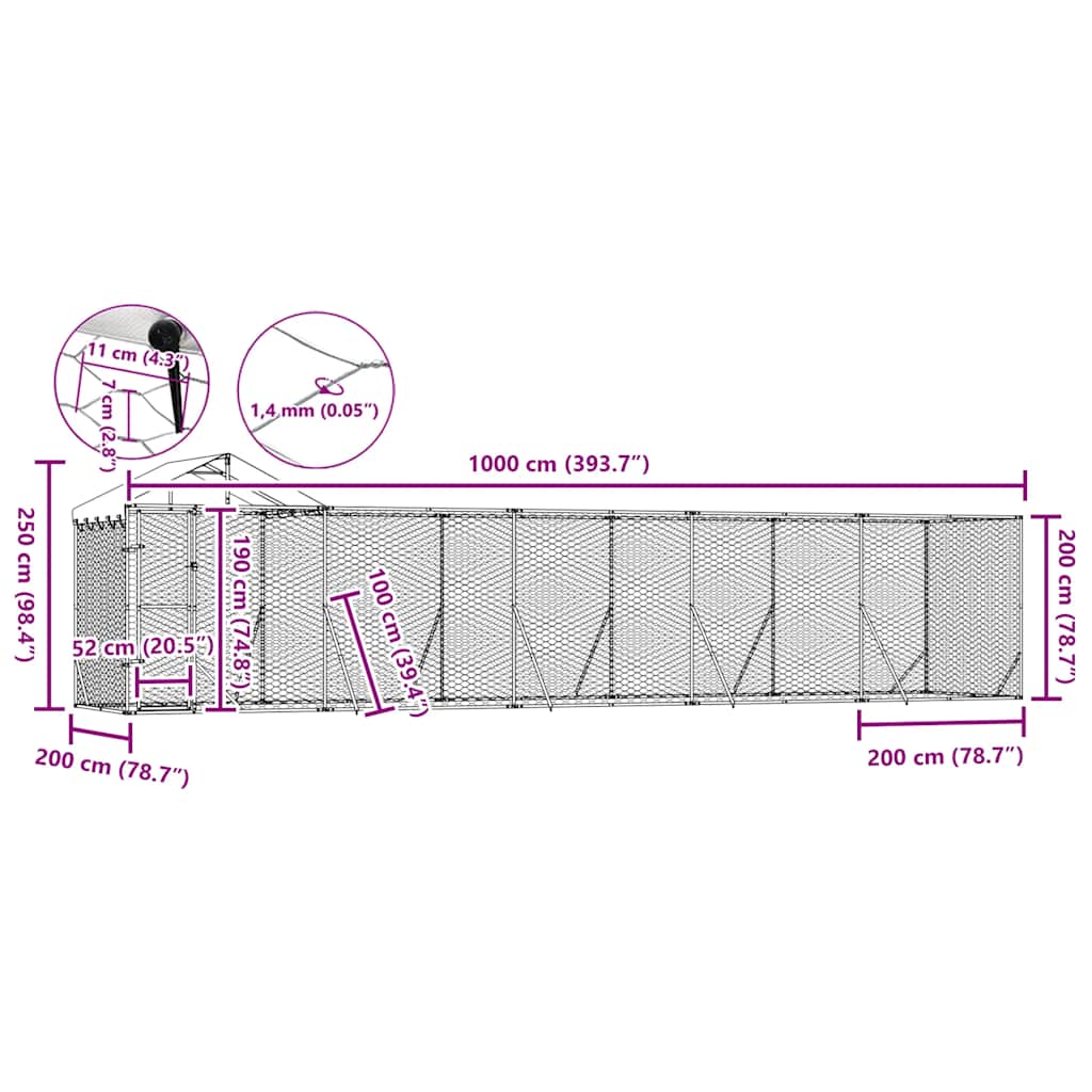 Utendørs hundekennel sølv 10x2x2,5 m galvanisert stål