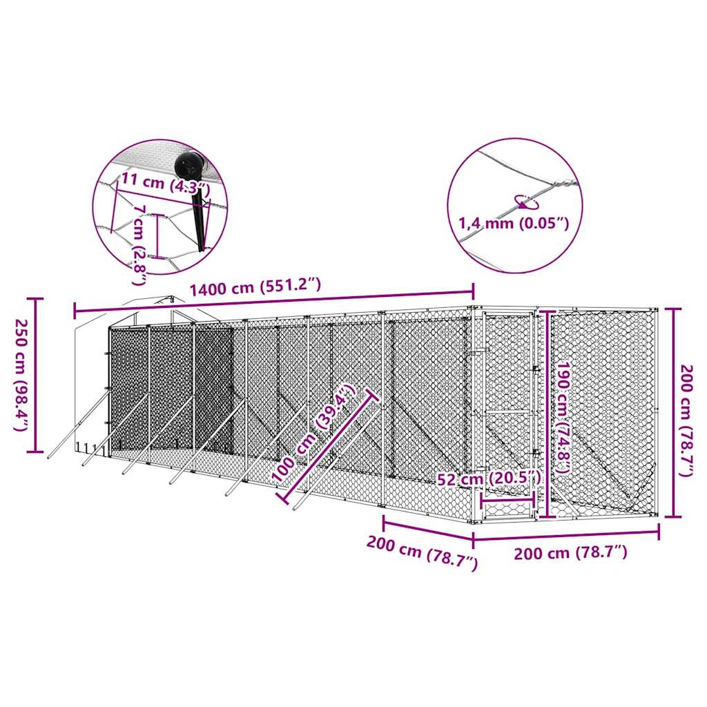 Utendørs hundekennel sølv 2x14x2,5 m galvanisert stål