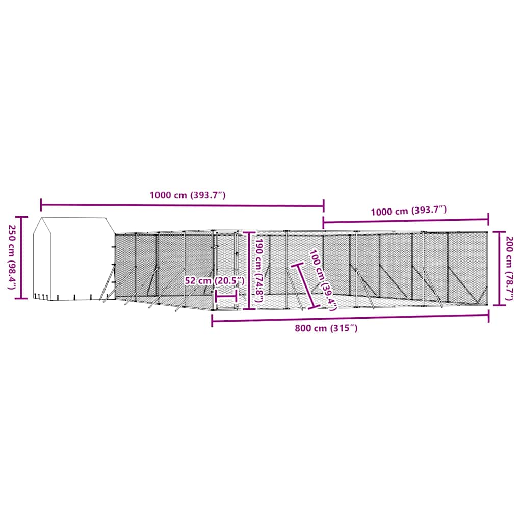 Utendørs hundekennel sølv 10x10x2,5 m galvanisert stål