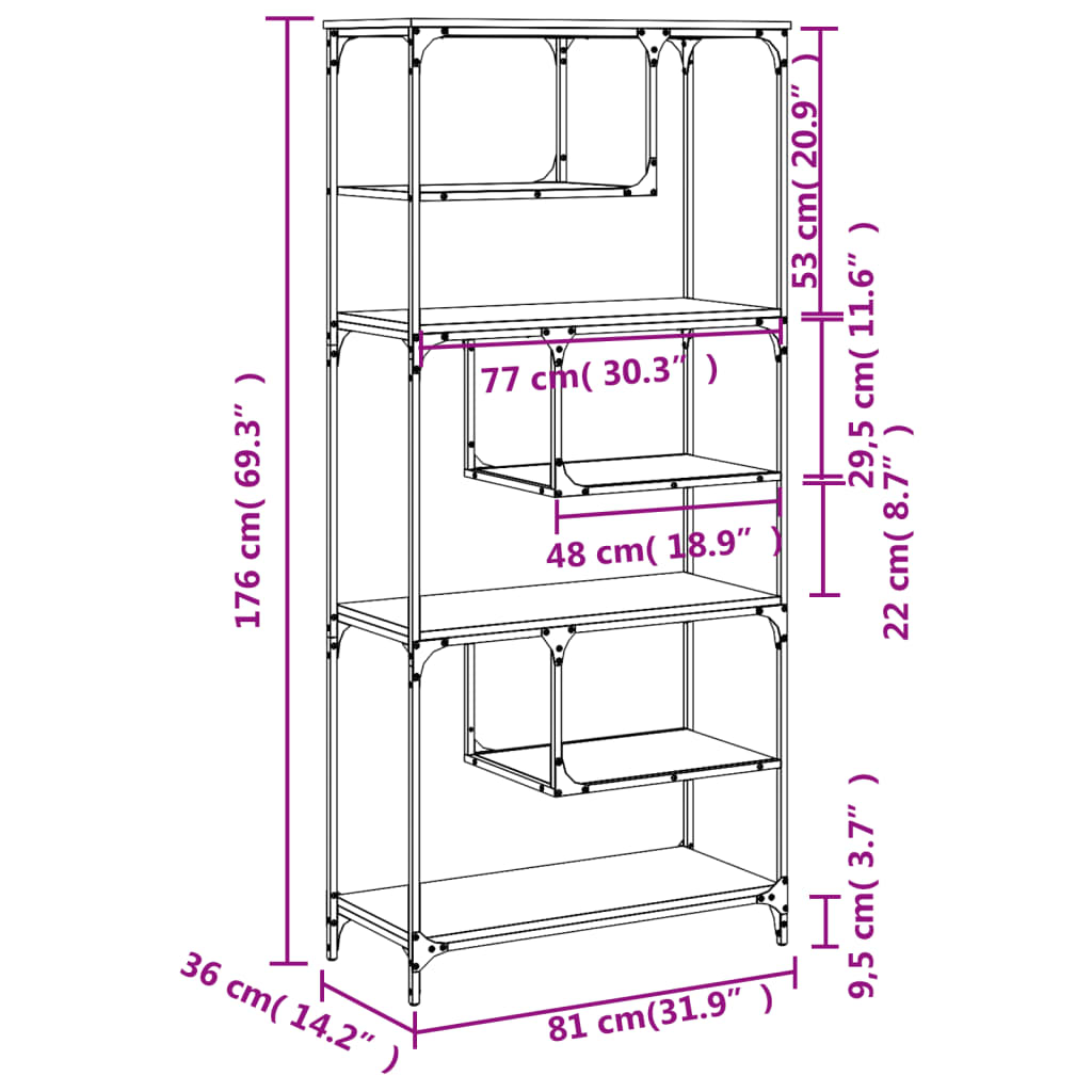 Bokhylle sonoma eik 81x36x176 cm konstruert tre