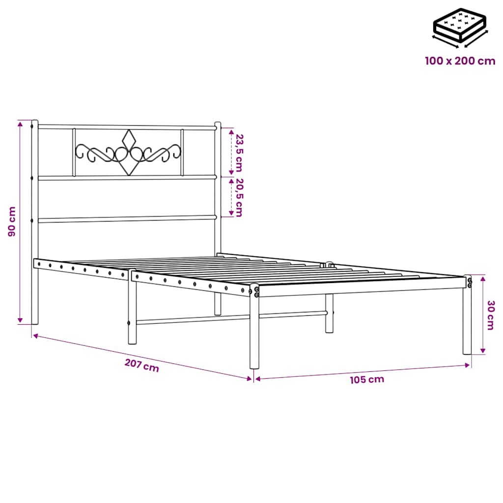 Sengeramme i metall med hodegavl svart 100x200 cm