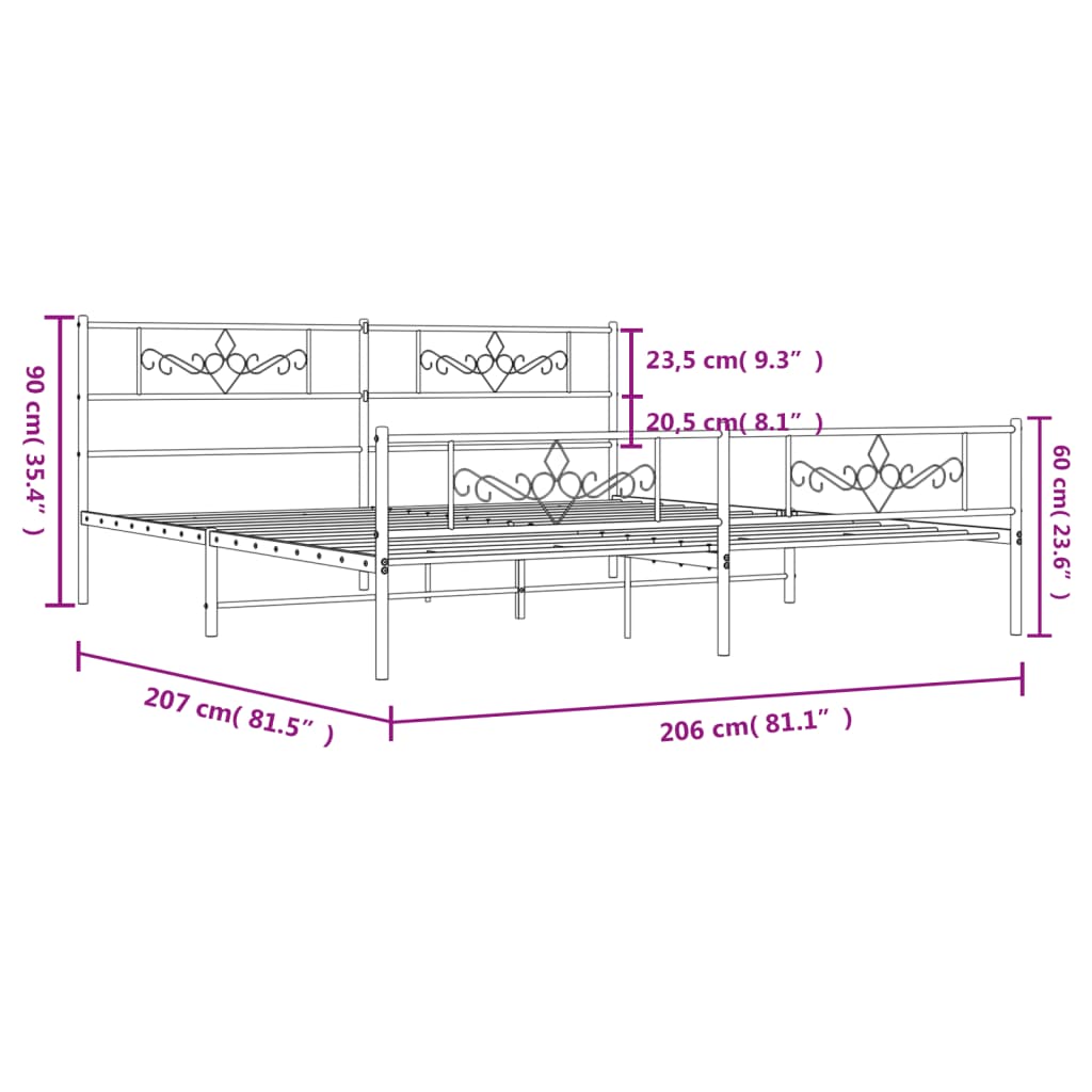 Sengeramme i metall med hode- og fotgavl svart 200x200 cm vidaXL