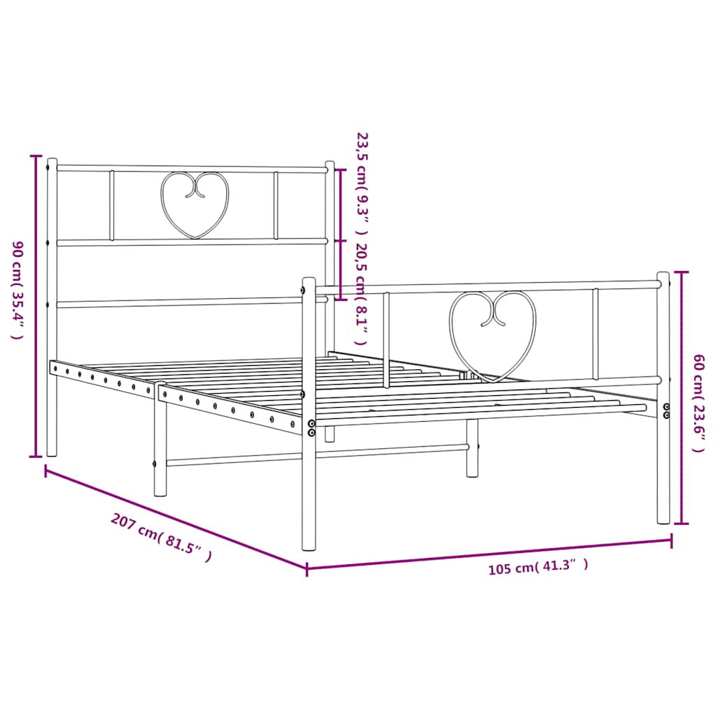 Sengeramme i metall med hode- og fotgavl hvit 100x200 cm vidaXL