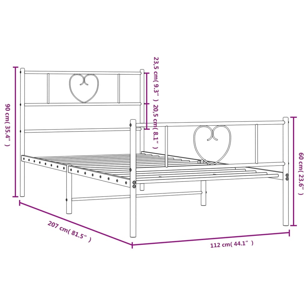 Sengeramme i metall med hode- og fotgavl hvit 107x203 cm vidaXL