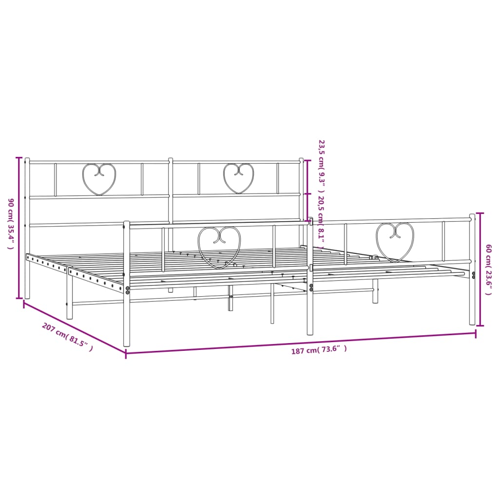 Sengeramme i metall med hode- og fotgavl hvit 180x200 cm vidaXL
