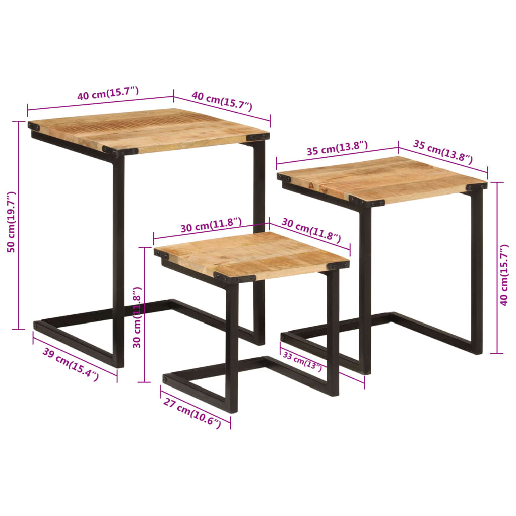 Stablebare salongbord 3 stk heltre mango og jern