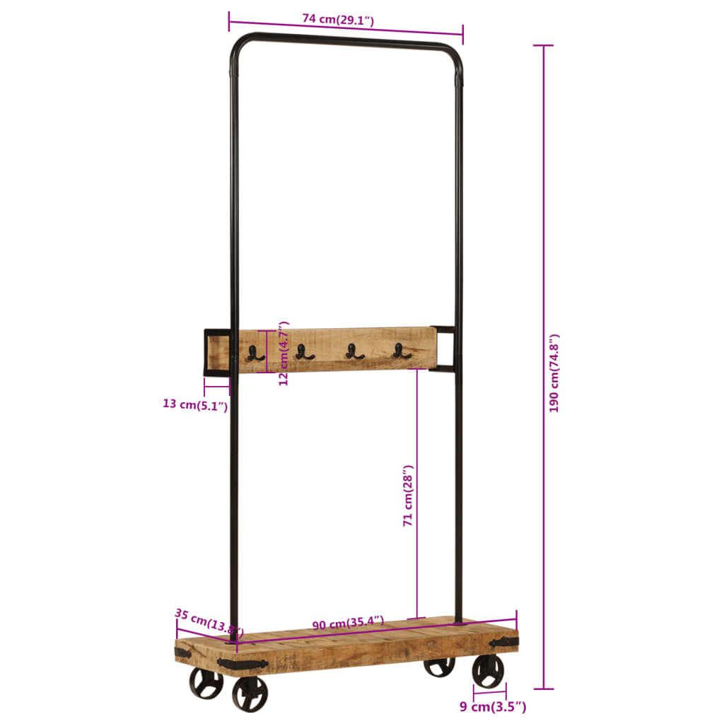 Klesstativ med hjul 90x35x190 cm heltre mango og jern