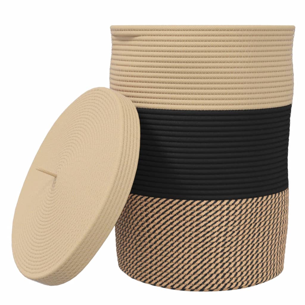 Oppbevaringskurv med lokk svart og beige Ø37x50 cm Bomull