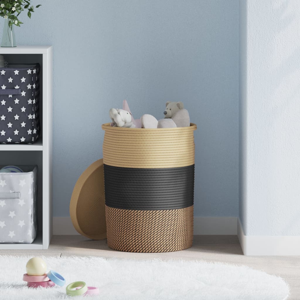 Oppbevaringskurv med lokk svart og beige Ø37x50 cm Bomull