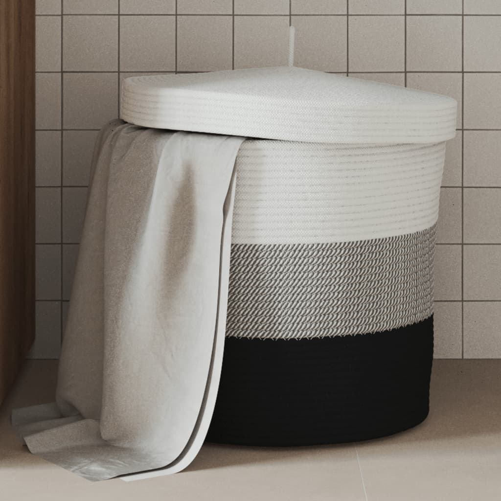 Oppbevaringskurv med lokk hvit og svart Ø40x35 cm bomull