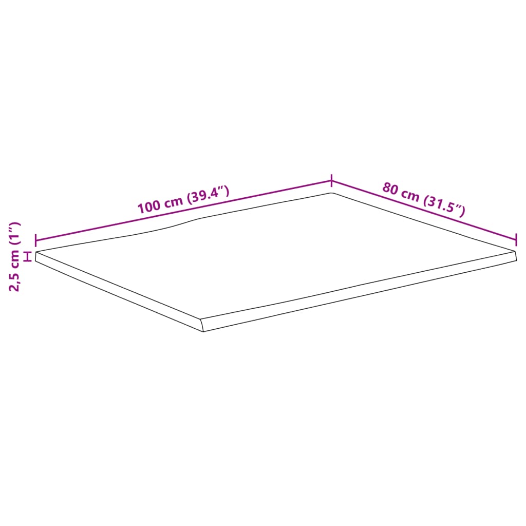 Bordplate 100x80x2,5 cm rektangulær heltre akasie naturlig kant
